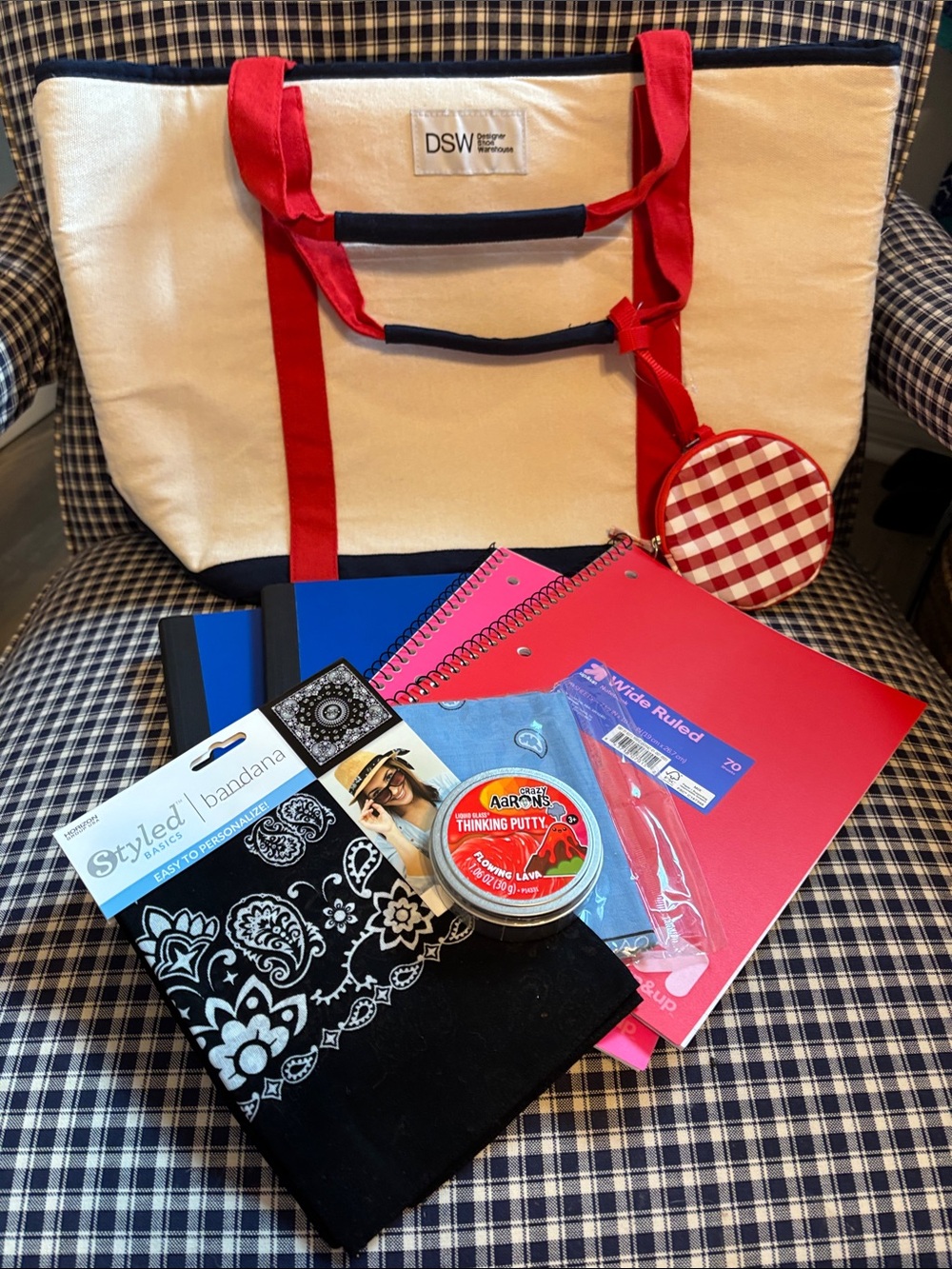 DSW Cream Canvas Tote with Red Straps and Navy Trim loaded with school supplies